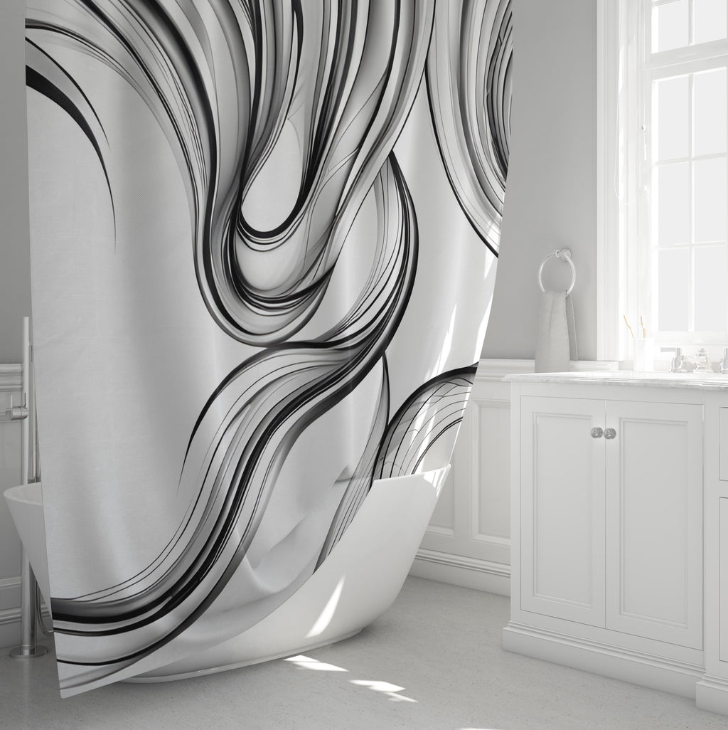Line Art Shower Curtains - Black and White Dropping Lines Smoke Swirl Print - Deja Blue Studios