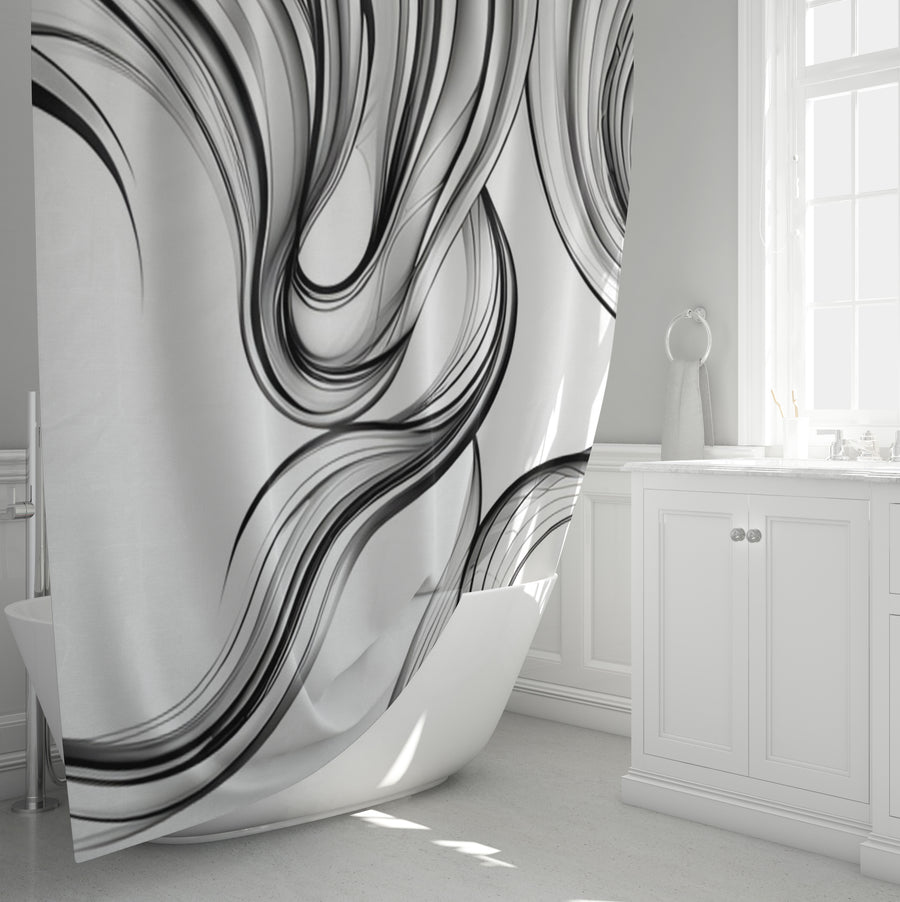 Black and White Fluid Line Abstract Pattern Shower Curtain