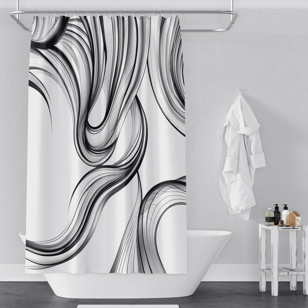 Line Art Shower Curtains - Black and White Dropping Lines Smoke Swirl Print - Deja Blue Studios