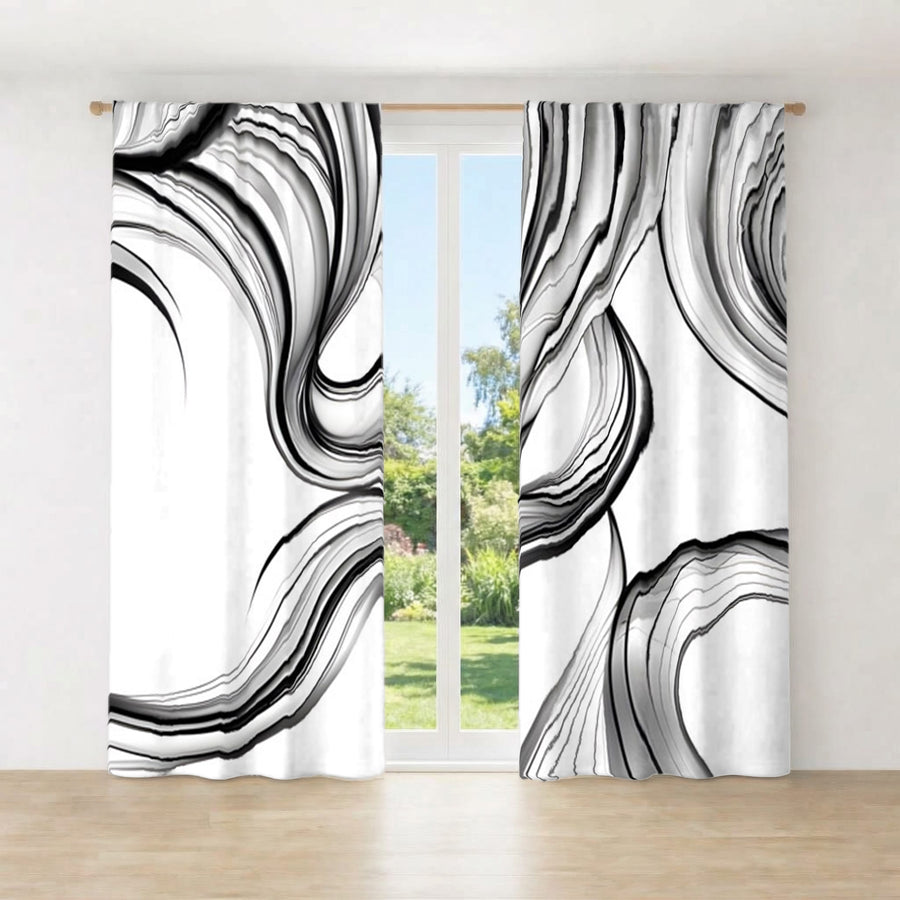 Black and White Fluid Line Abstract Pattern Window Curtains