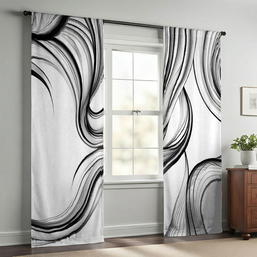 Black and White Fluid Line Abstract Pattern Window Curtains