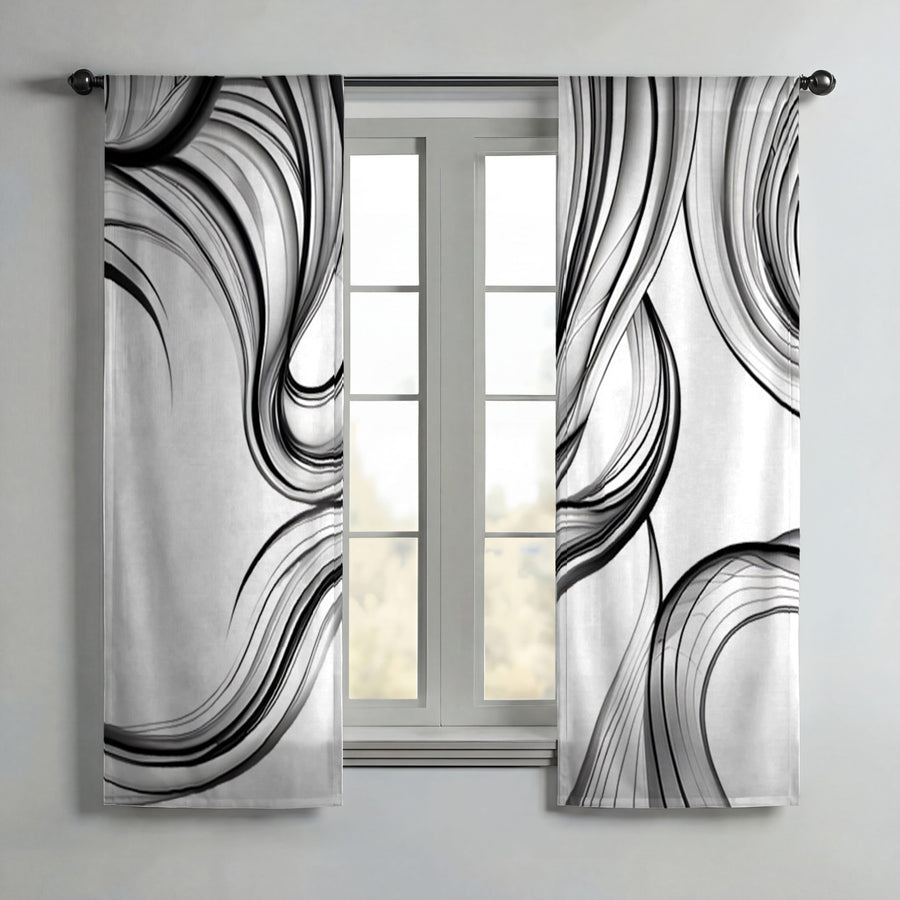 Black and White Fluid Line Abstract Pattern Window Curtains