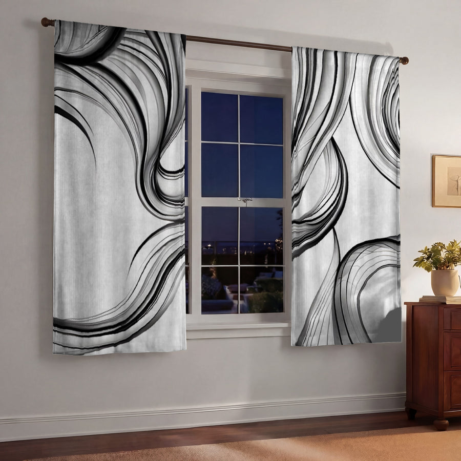Black and White Fluid Line Abstract Pattern Window Curtains