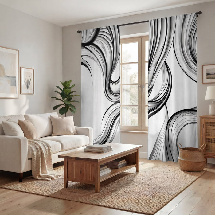 Black and White Fluid Line Abstract Pattern Window Curtains