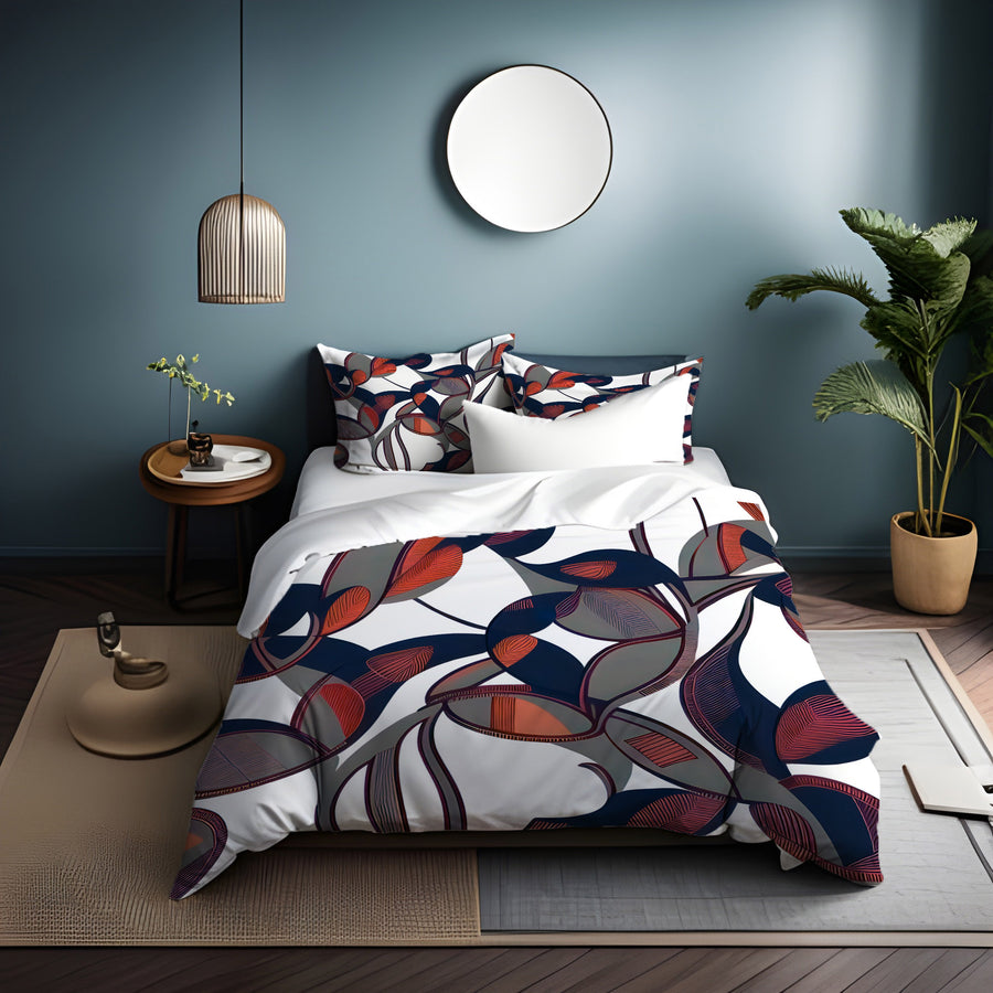 Red and Navy Botanical Geometric Pattern Duvet Cover