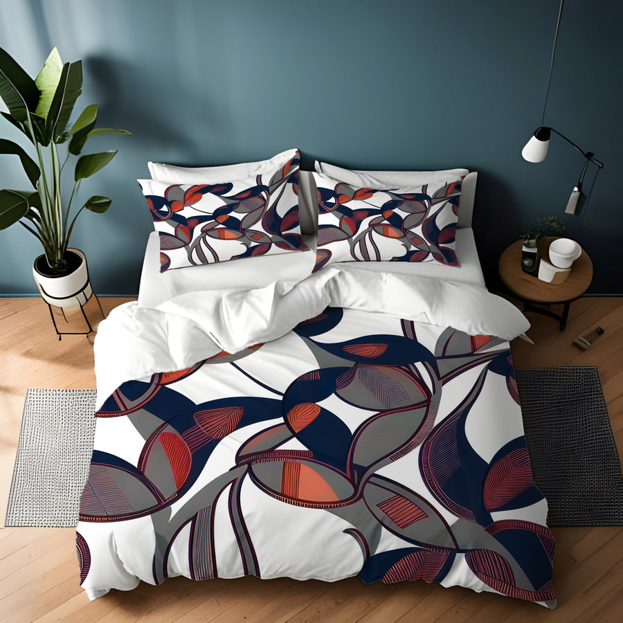 Red and Navy Botanical Geometric Pattern Duvet Cover