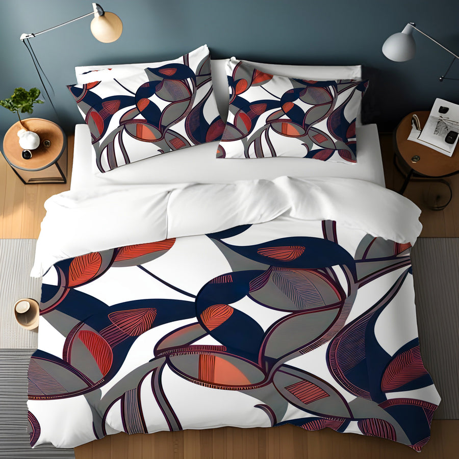 Red and Navy Botanical Geometric Pattern Duvet Cover