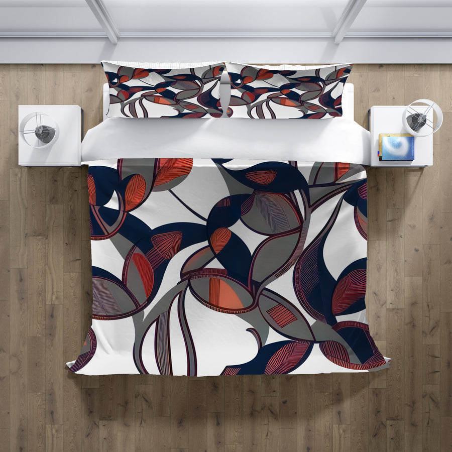 Red and Navy Botanical Geometric Pattern Duvet Cover