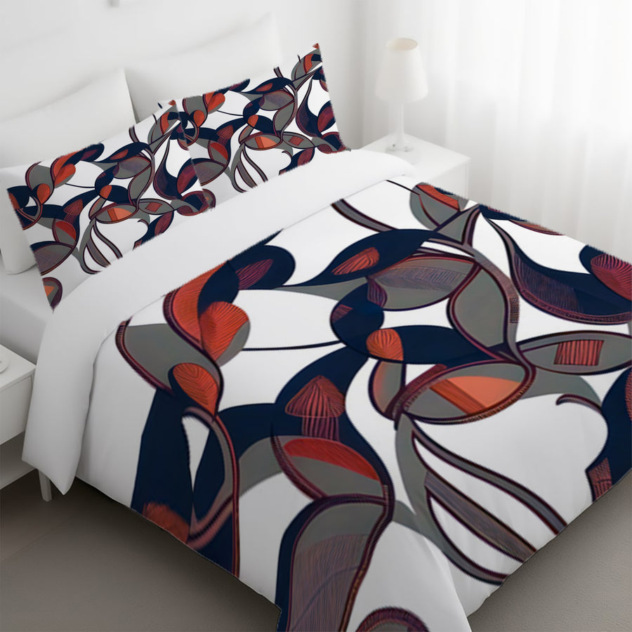 Red and Navy Botanical Geometric Pattern Duvet Cover
