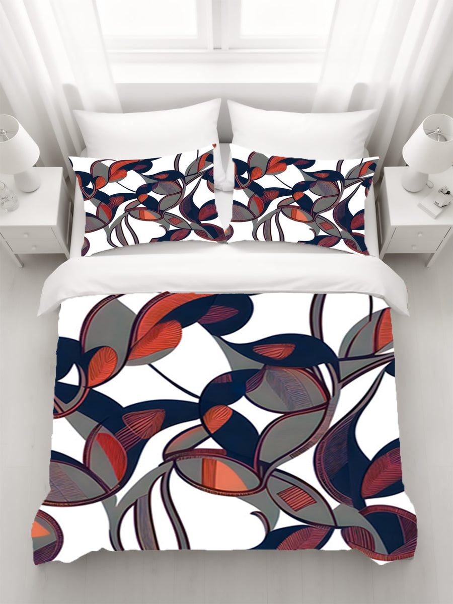 Red and Navy Botanical Geometric Pattern Duvet Cover