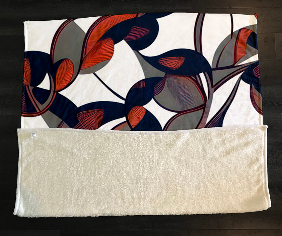 Red and Navy Botanical Geometric Pattern Fleece Sherpa Blanket