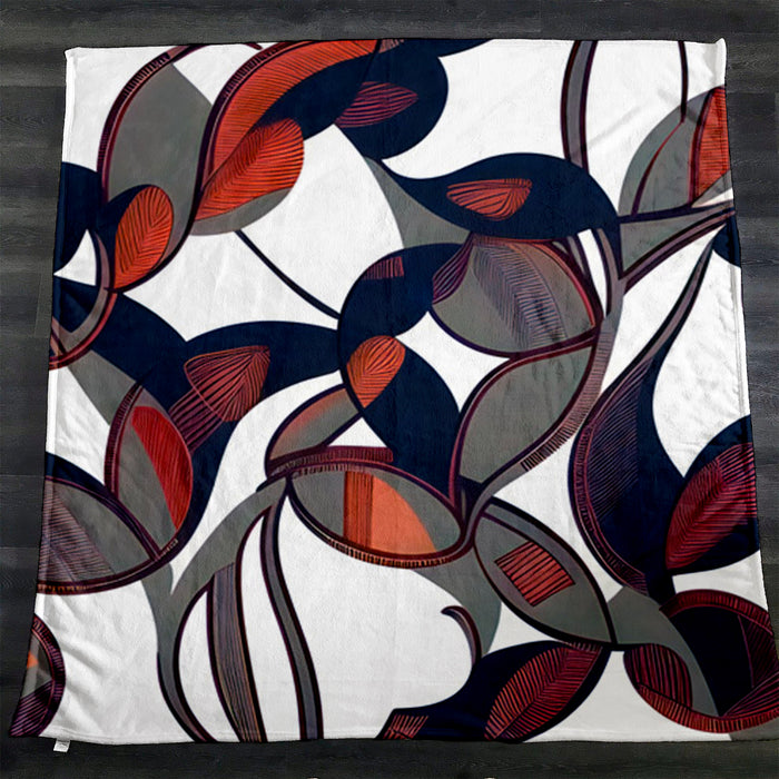 Red and Navy Botanical Geometric Pattern Fleece Sherpa Blanket