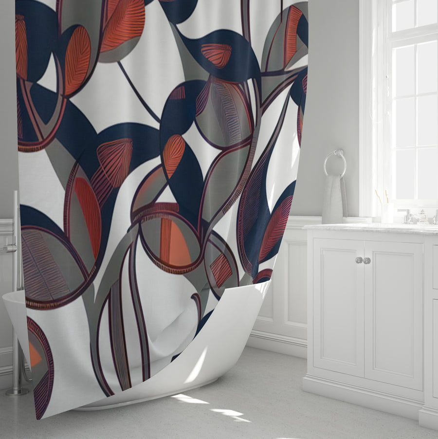 Red and Navy Botanical Geometric Pattern Shower Curtain