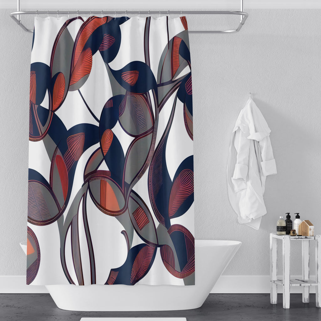 Abstract Floral Shower Curtains - White with Gray and Deep Purple Abstract Flowers Print - Deja Blue Studios