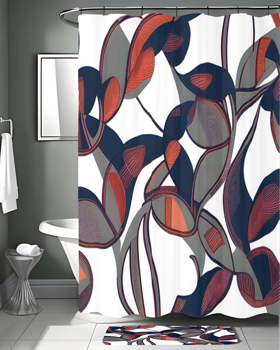 Red and Navy Botanical Geometric Pattern Shower Curtain