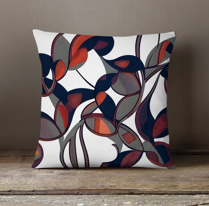 Red and Navy Botanical Geometric Pattern Throw Pillow Cover