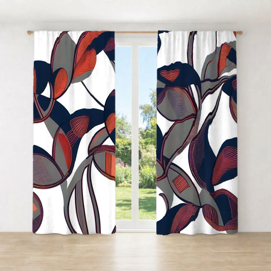 Red and Navy Botanical Geometric Pattern Window Curtains