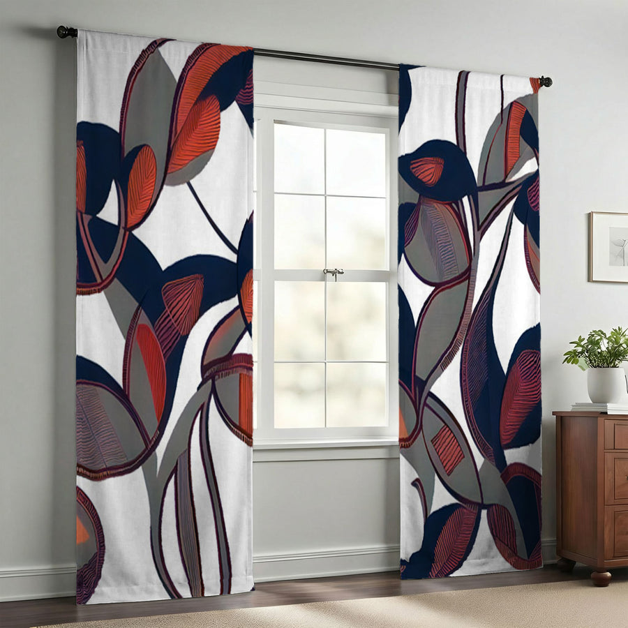 Red and Navy Botanical Geometric Pattern Window Curtains