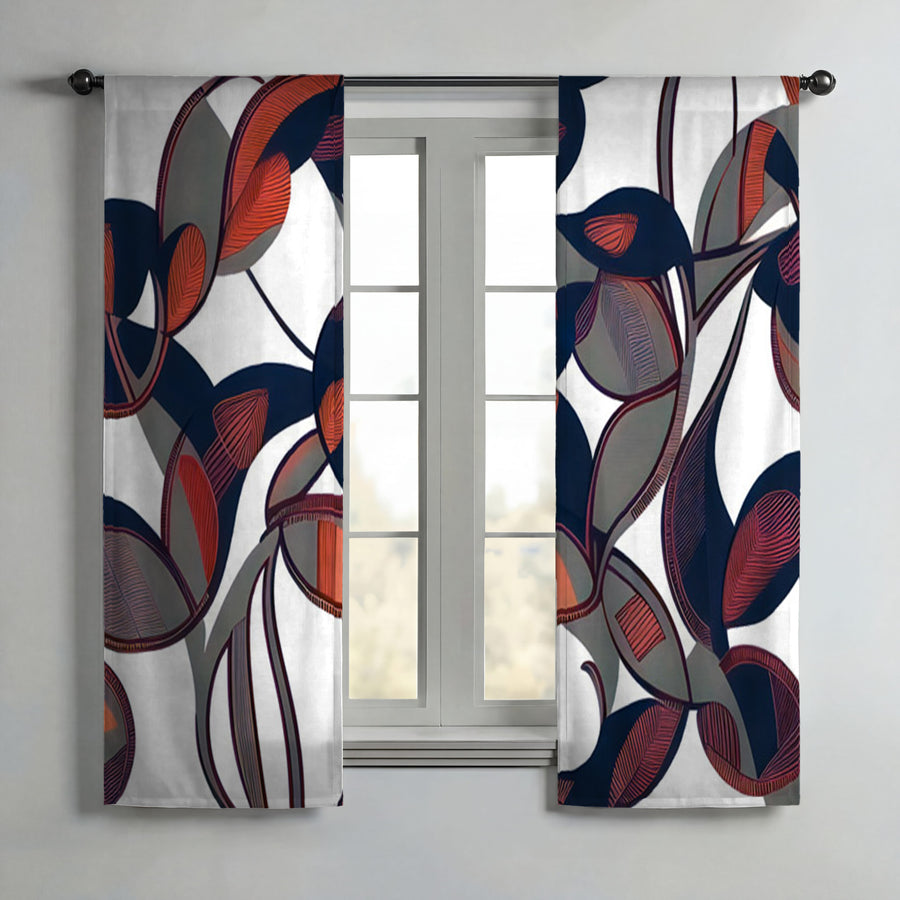 Red and Navy Botanical Geometric Pattern Window Curtains