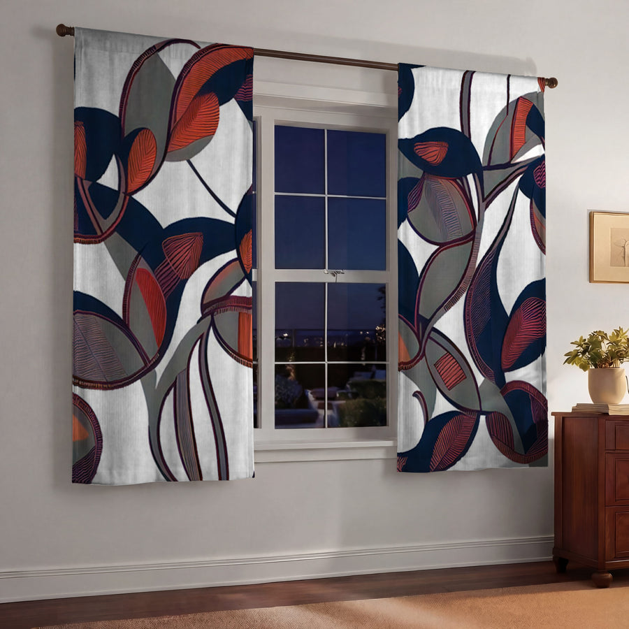 Red and Navy Botanical Geometric Pattern Window Curtains