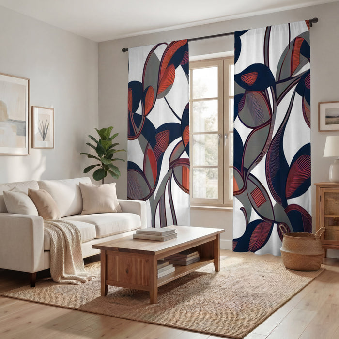 Red and Navy Botanical Geometric Pattern Window Curtains