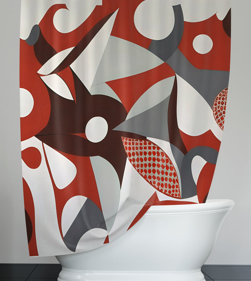 Abstract Shower Curtains - Red, White and Gray Picasso-Esque Style Print - Deja Blue Studios