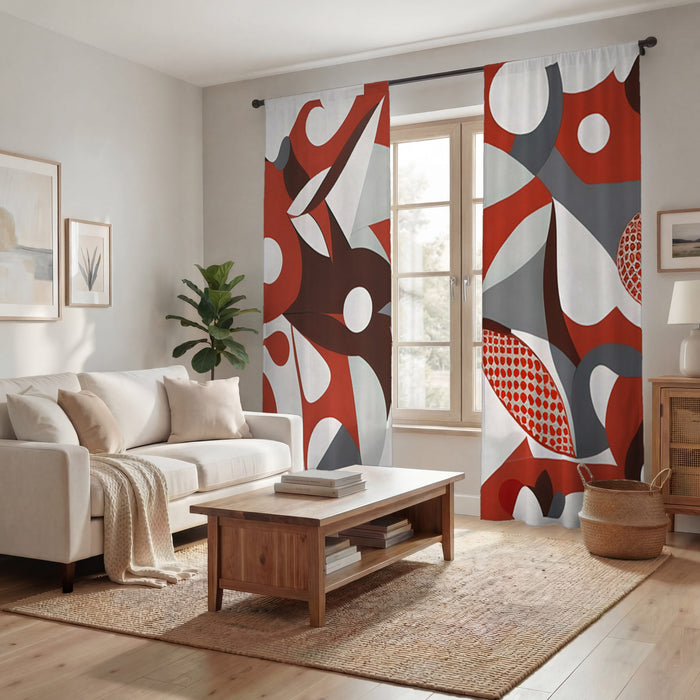 Red Retro Geometric Abstract Pattern Window Curtains