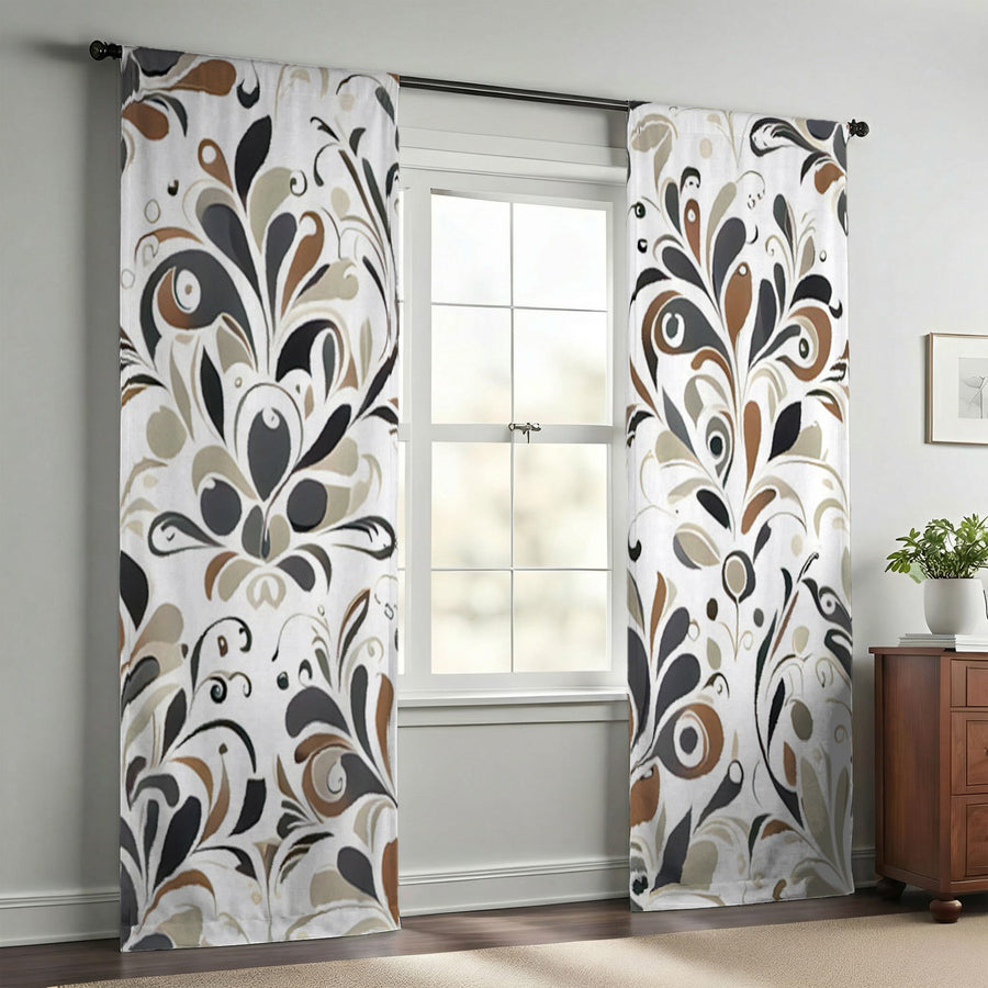 Brown Ornamental Floral Pattern Window Curtains