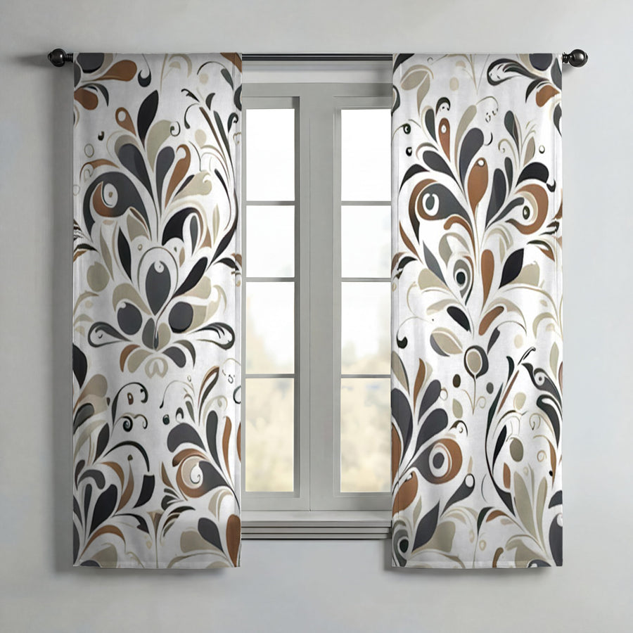 Brown Ornamental Floral Pattern Window Curtains