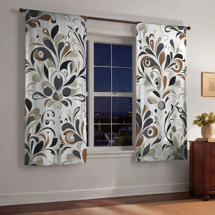 Brown Ornamental Floral Pattern Window Curtains