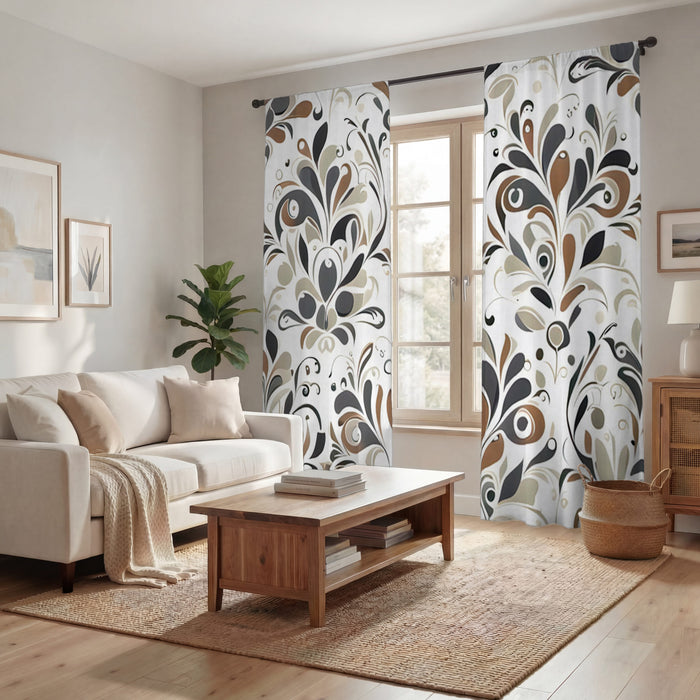 Brown Ornamental Floral Pattern Window Curtains
