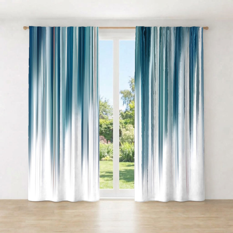 Blue Vertical Gradient Stripe Pattern Window Curtains