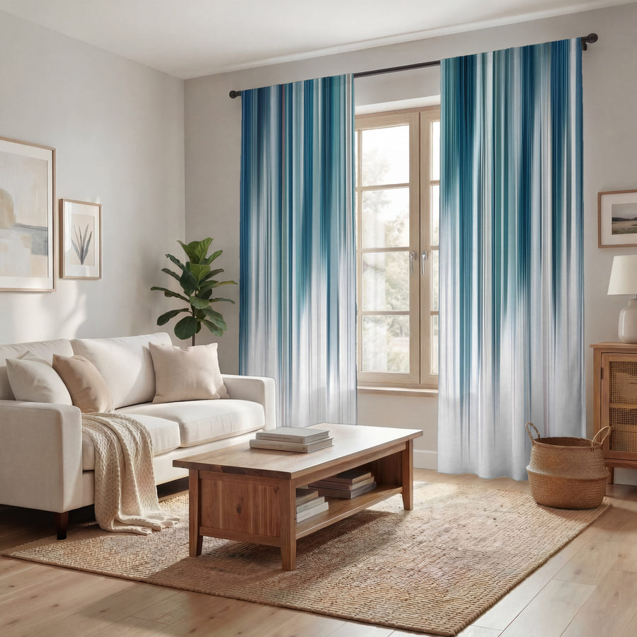 Blue Vertical Gradient Stripe Pattern Window Curtains