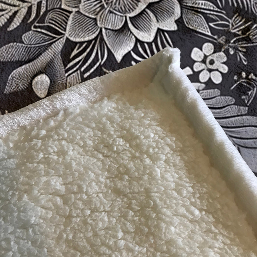 Gray Floral Botanical Pattern Fleece Sherpa Blanket