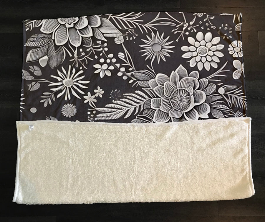 Gray Floral Botanical Pattern Fleece Sherpa Blanket