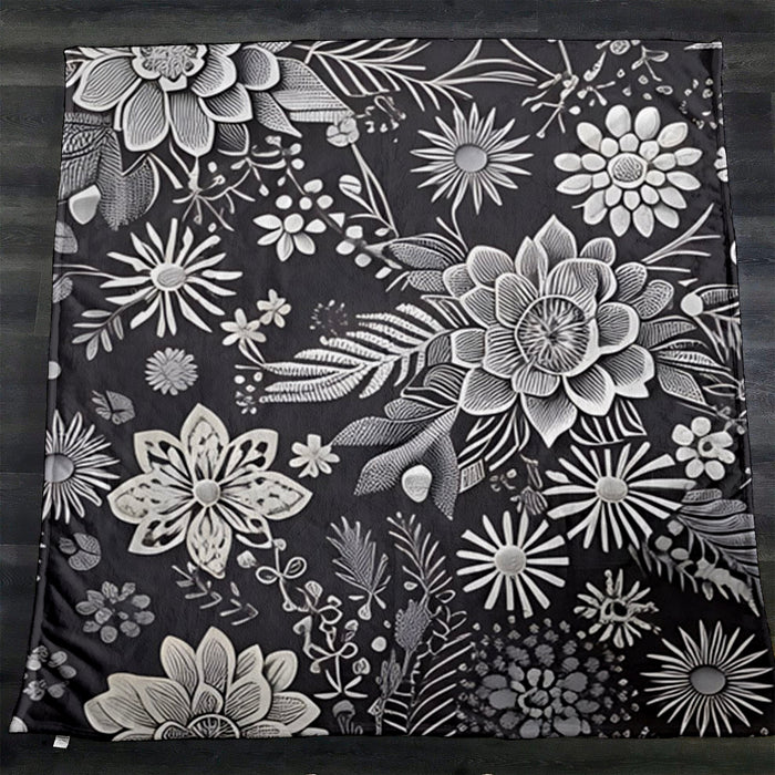 Gray Floral Botanical Pattern Fleece Sherpa Blanket