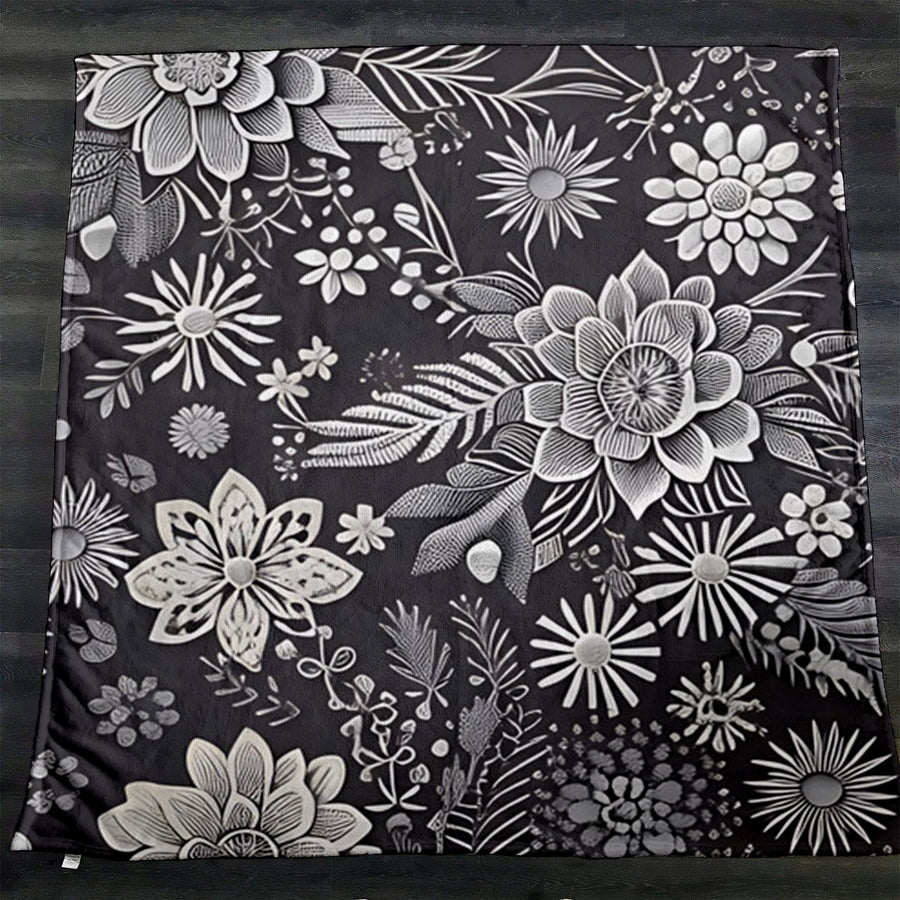Gray Floral Botanical Pattern Fleece Sherpa Blanket