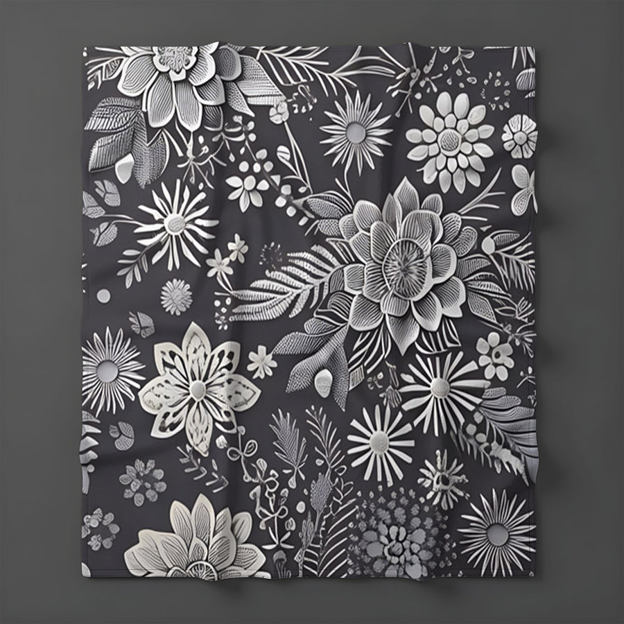 Gray Floral Botanical Pattern Fleece Sherpa Blanket