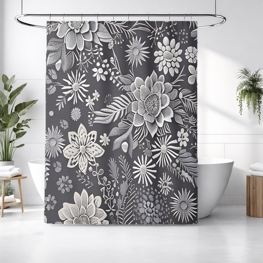 Gray Floral Botanical Pattern Shower Curtain