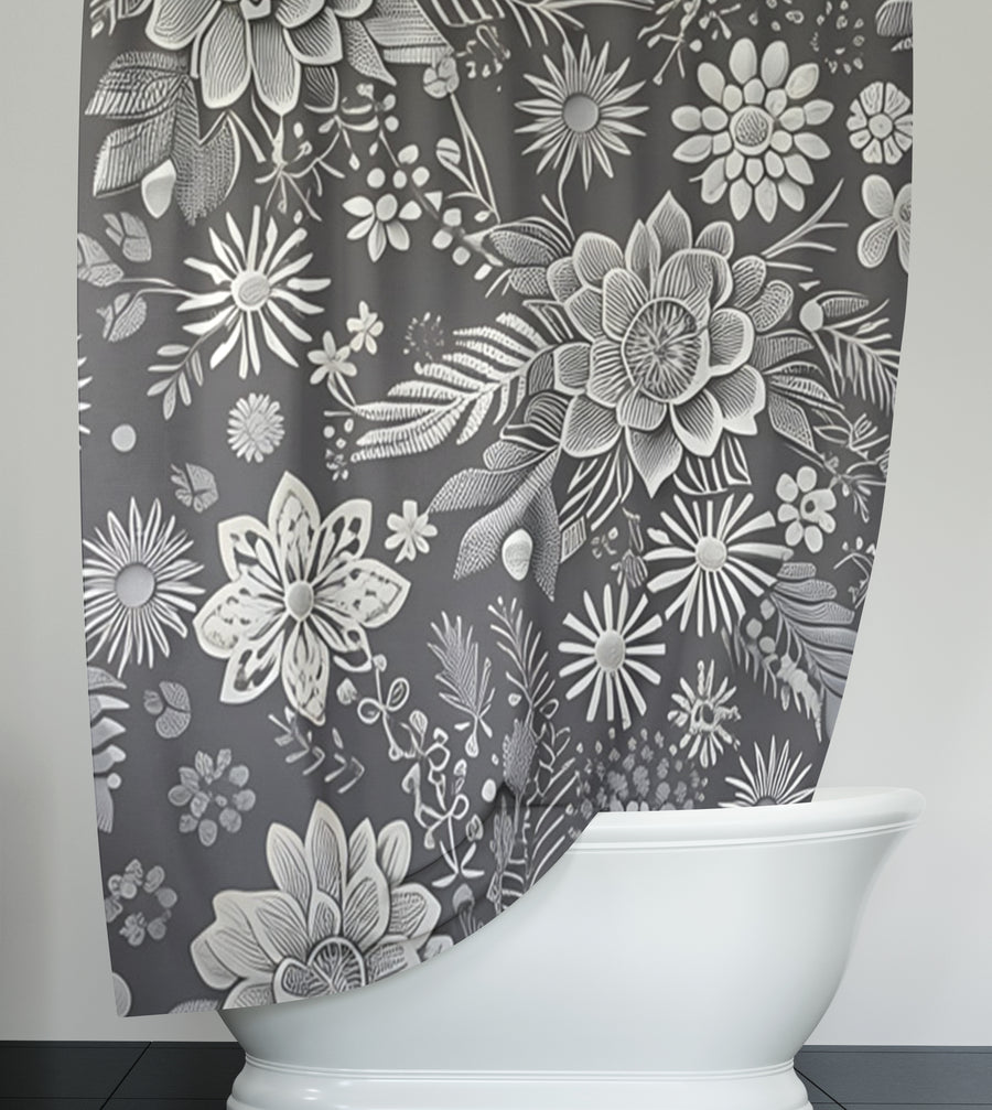 Gray Floral Botanical Pattern Shower Curtain