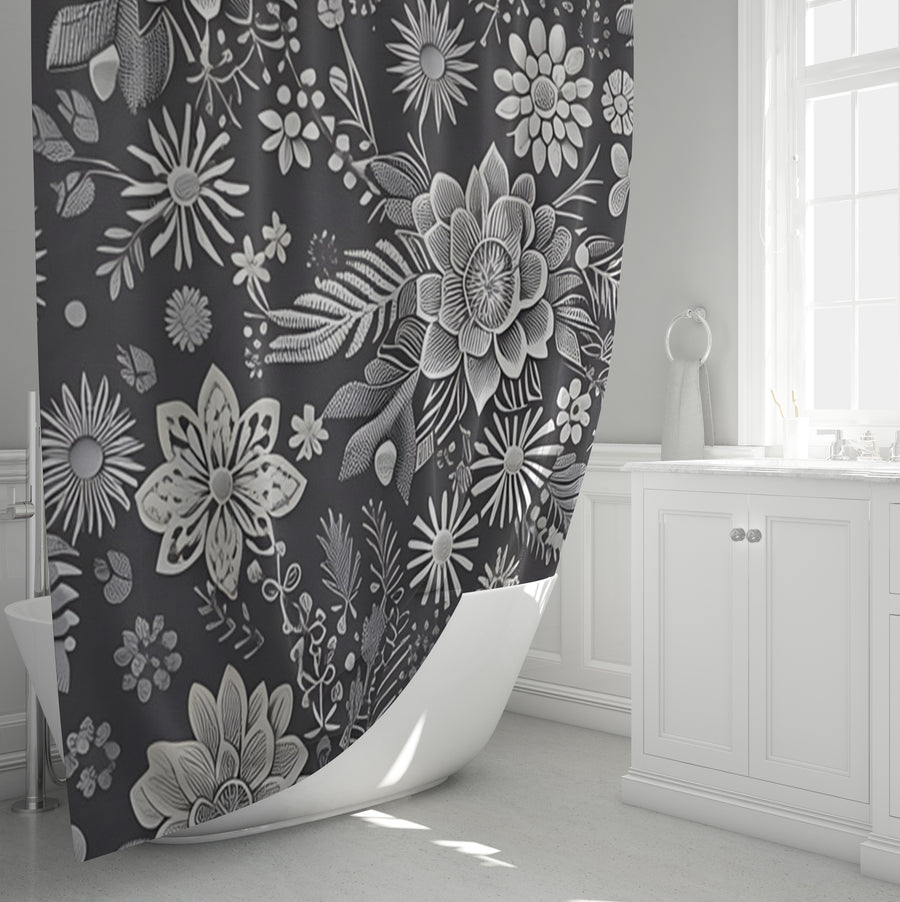 Gray Floral Botanical Pattern Shower Curtain