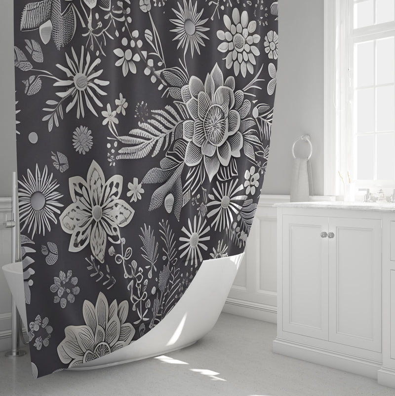 Floral Shower Curtains - Gray and White Sketch Flowers Print - Deja Blue Studios