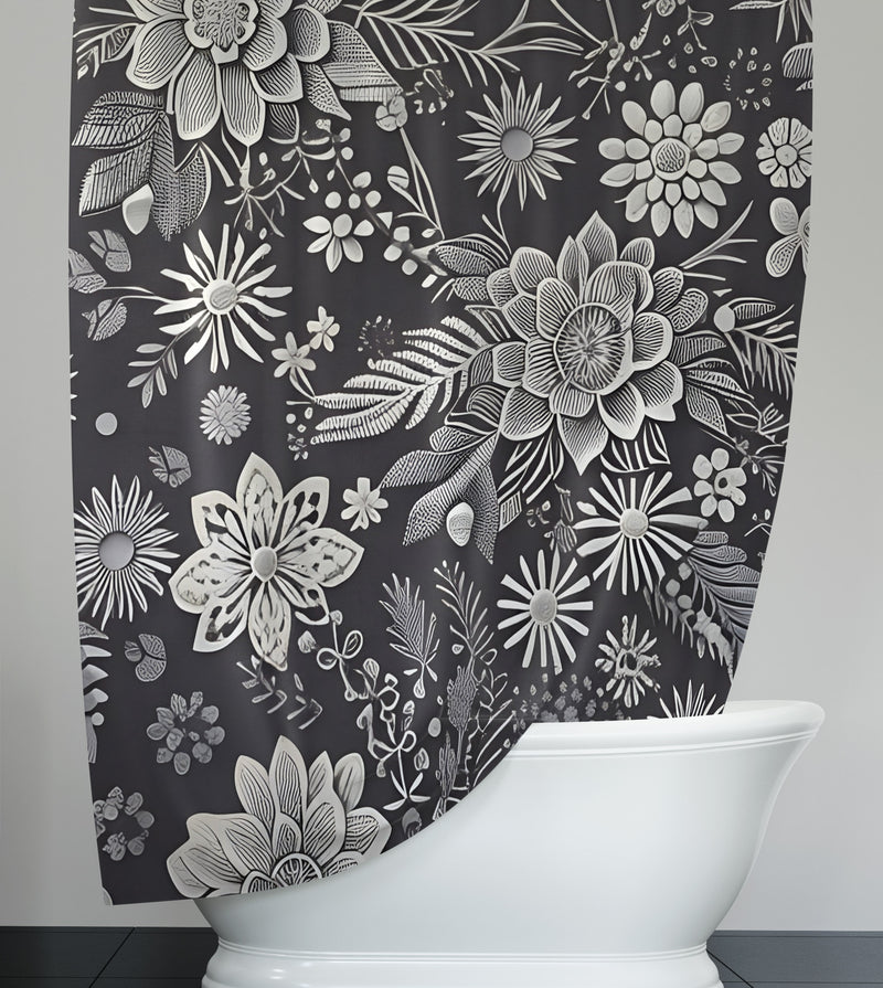 Floral Shower Curtains - Gray and White Sketch Flowers Print - Deja Blue Studios