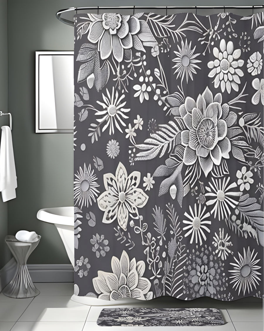 Gray Floral Botanical Pattern Shower Curtain