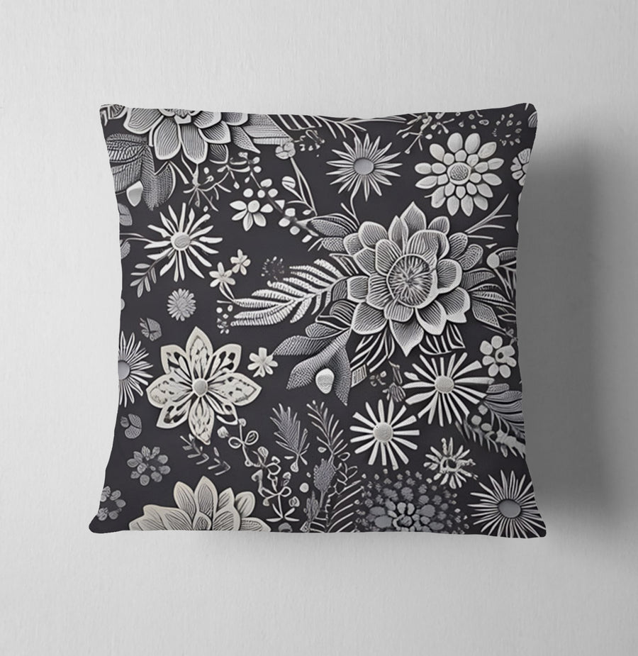 Gray Floral Botanical Pattern Throw Pillow Cover