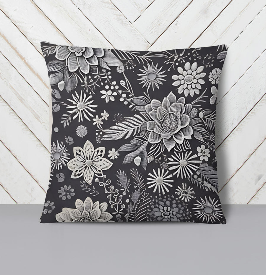 Gray Floral Botanical Pattern Throw Pillow Cover