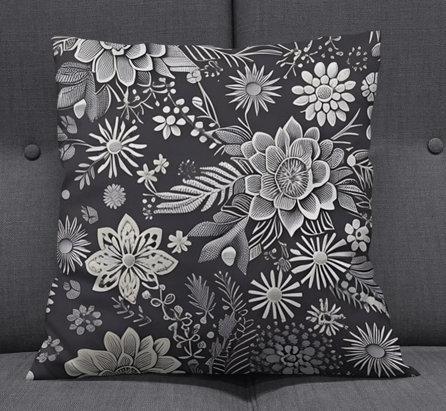 Gray Floral Botanical Pattern Throw Pillow Cover