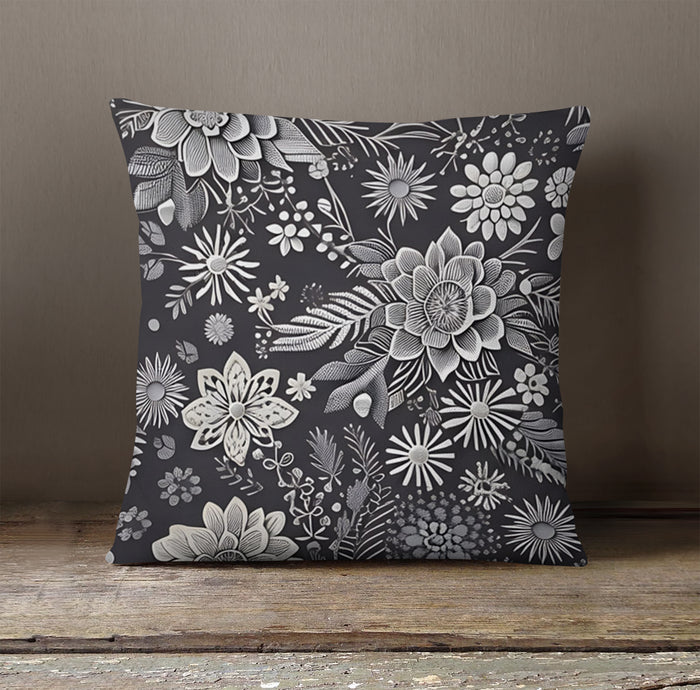 Gray Floral Botanical Pattern Throw Pillow Cover