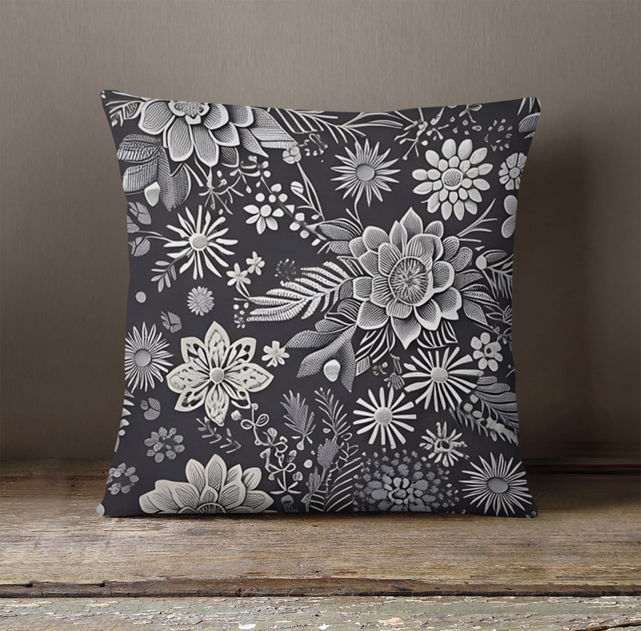 Gray Floral Botanical Pattern Throw Pillow Cover