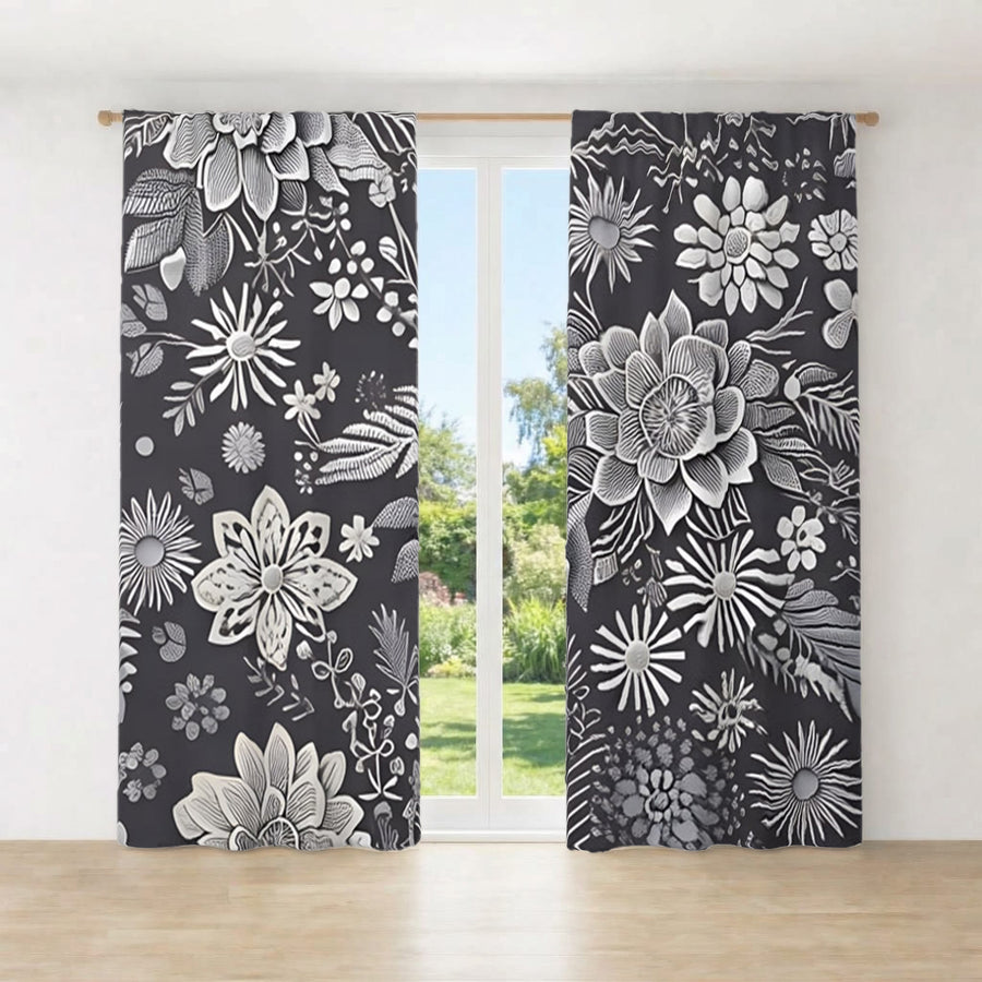 Gray Floral Botanical Pattern Window Curtains